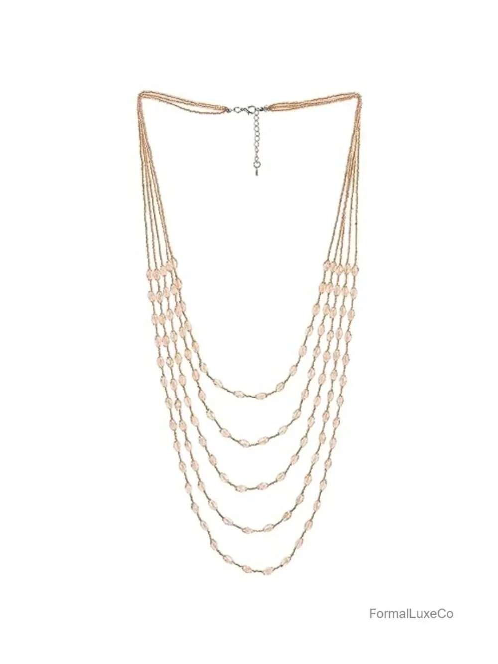 Five Strand Champagne Crystal Statement Necklace Multi Layer Long Chain Bib